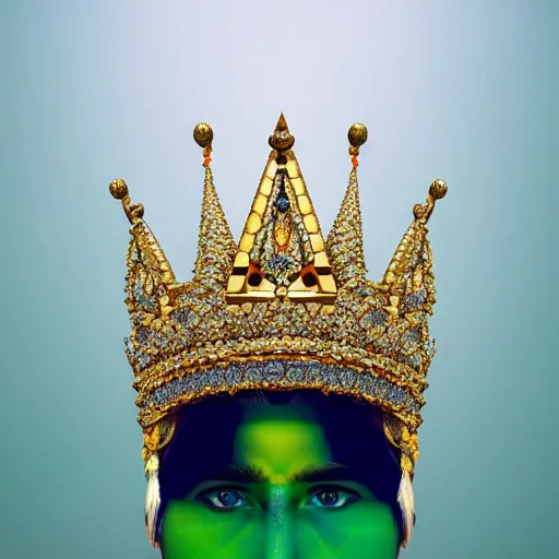 Prompt: Grogu with a diamond jeweled crown with a golden crown, photo-realistic, highly detailed, 8k, in the art style of Filip Hodas, 8k