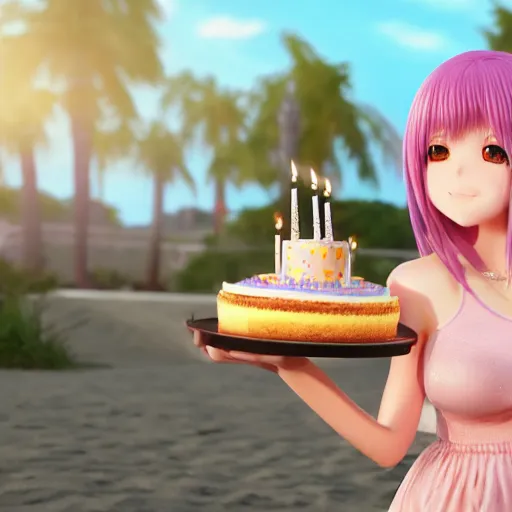 Image similar to Render of a beautiful 3d anime woman holding a birthday cake to show the camera, long light pink hair, full bangs, hazel eyes, cute freckles, full round face, soft smile, Chinese heritage, cute checkerboard sundress, golden hour, serene beach setting, medium shot, mid-shot, hyperdetailed, trending on Artstation, Unreal Engine 4k