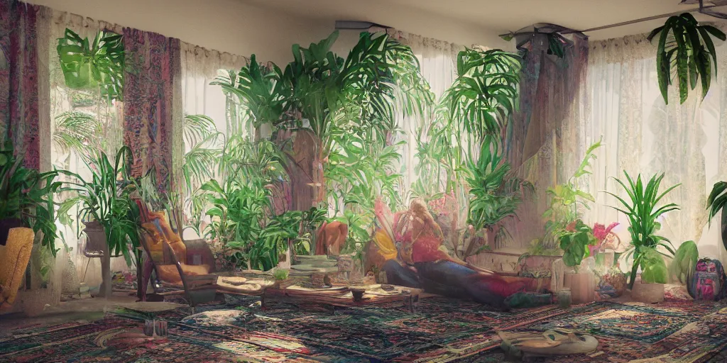 Image similar to 1 9 6 9 living in an older house, hippie pad, hippie chic, antiques, tropical houseplants, beaded curtains, posters on the walls, persian rugs, artstation, v - ray render, 8 k