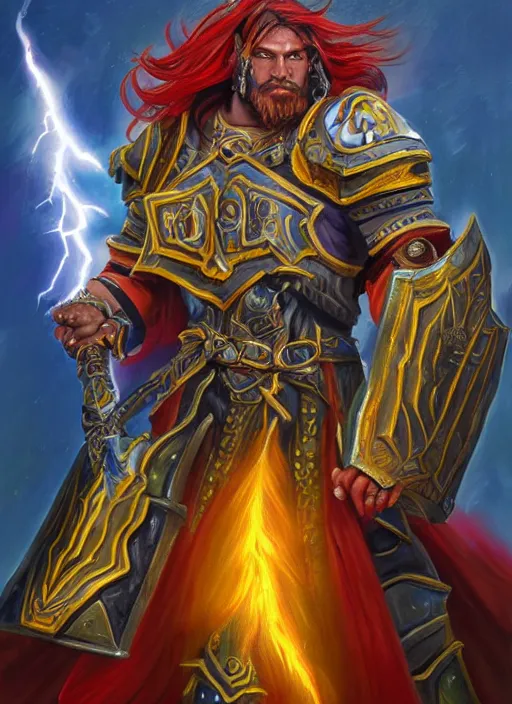 Prompt: a detailed and vibrant portrait painting inspired by warcraft of a powerful paladin wearing a full metal plate armor and holding a sword shooting lightning