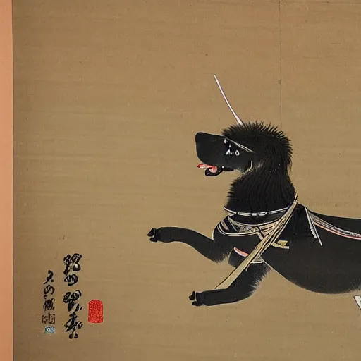 Prompt: Japanese painting of a dog samurai in full armor on q battlefield background