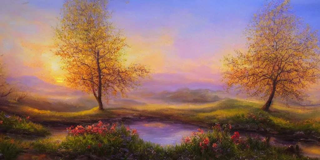 Prompt: an extraordinarily beautiful oil painting of a landscape in spring during sunrise ; the most beautiful painting in the world