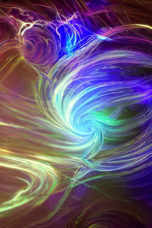 Image similar to swirling elven light streaks and ornate flowing light streams and smooth particle effects, apophysis, unreal engine