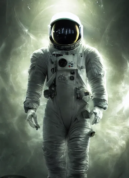 Image similar to cgi poster by craig mullins astronaut in futuristic dark and empty spaceship underwater. infrared glowing lights. complex and hyperdetailed technical suit. reflection and dispersion materials. rays and dispersion of light. volumetric light. 5 0 mm, f / 3 2. noise film photo. flash photography. unreal engine 4, octane render. interstellar movie art