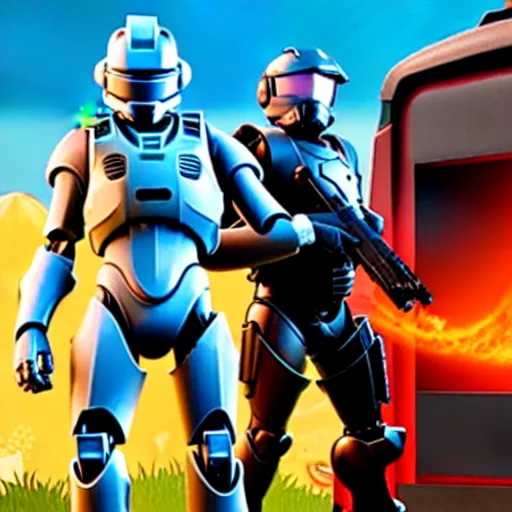 Image similar to Master Chief and Robocop sharing a pizza, a screenshot from Fortnite