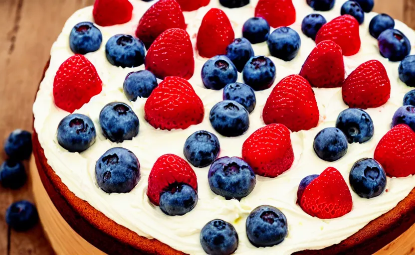 Image similar to A photo of a swedish cake from the side on a wooden table, with cream spread on the sides and strawberries, raspberries and blueberries placed in circles on top. Sunset. 4K. Cinematic lighting. High detail. Realistic. Delicious.