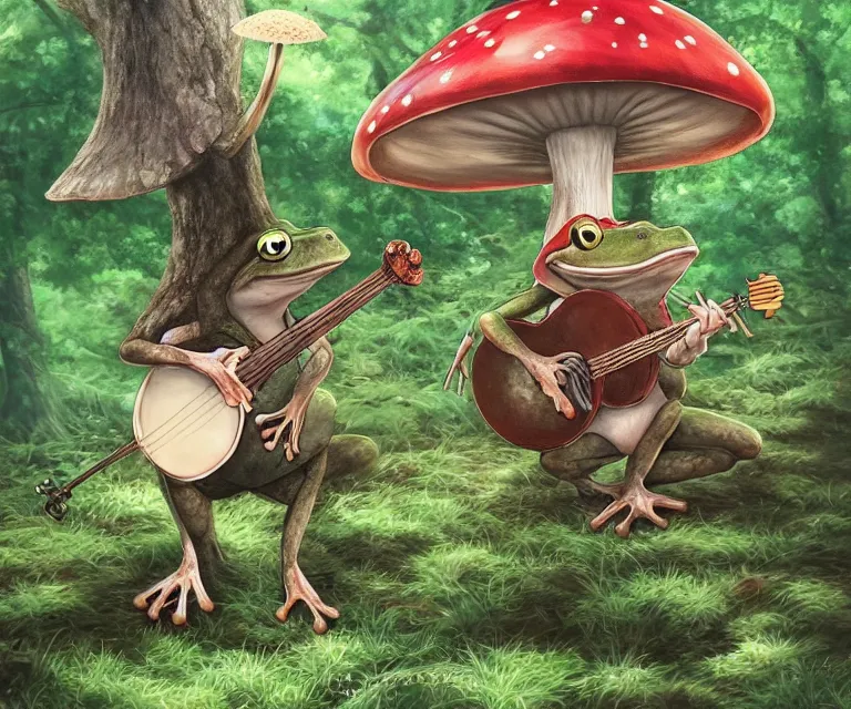 Image similar to frog playing a banjo in front of a mushroom in a forest, anime fantasy illustration by tomoyuki yamasaki, kyoto studio, madhouse, ufotable, comixwave films, trending on artstation