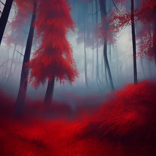 Prompt: mystic red forest, unreal engine, digital, artstation, detailed intricate illustration, heavenly atmosphere, digital art, overdetailed art, concept art, complementing colors, trending on artstation, cgstudio, the most beautiful image ever created, dramatic, subtle, details, award winning artwork, beautiful scenery