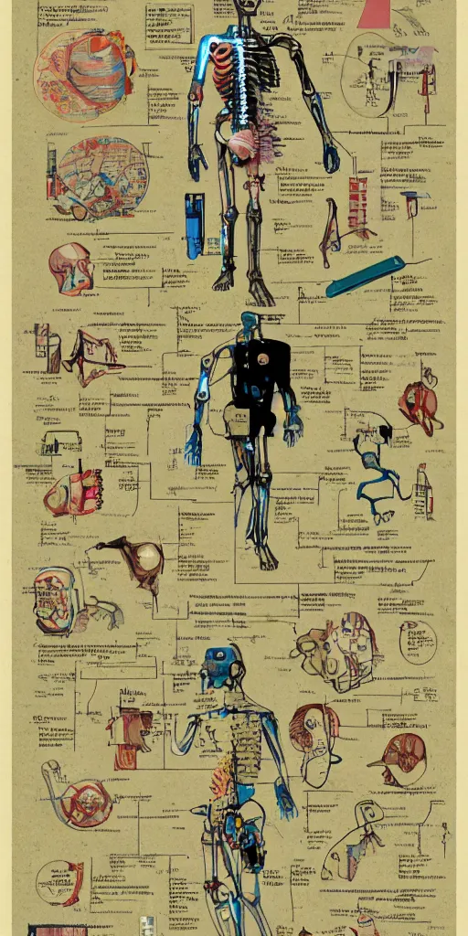 Prompt: anatomy of the terminator, diagrams, map, marginalia, sketchbook, old script, inhabited initials, pastel infographic by Wes Anderson and victo ngai