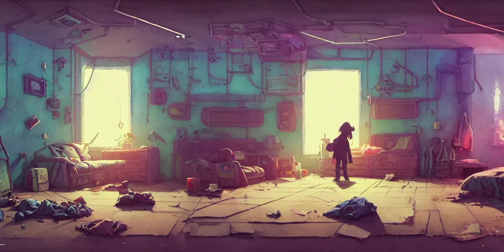 Image similar to room in the sewers, the room is messy and unorganized, bed is not made, sword clothes and posters everywhere, detailed, artstation, 8 k, sci - fi, pastel colors, props, panel, concept, simon stalenhag, in watercolor gouache detailed paintings, moebius, blueprint, building, living room, detailed, posters, sofa