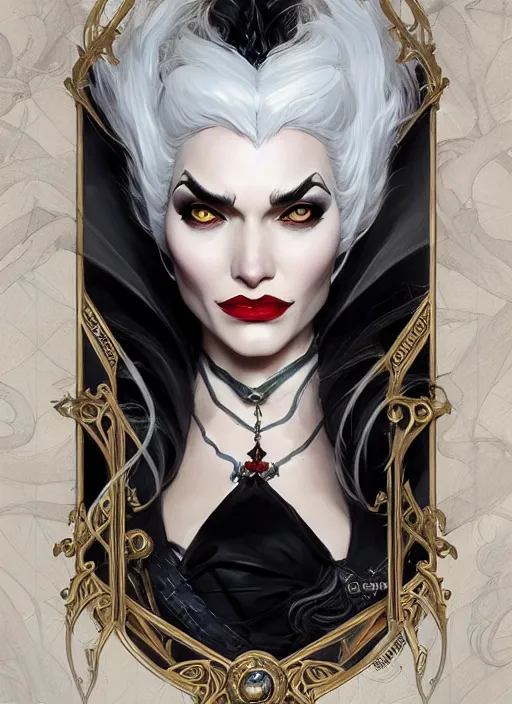 Image similar to cruella de vil, d & d, fantasy, intricate, elegant, highly detailed, digital painting, artstation, concept art, matte, sharp focus, illustration, hearthstone, art by artgerm and greg rutkowski and alphonse mucha