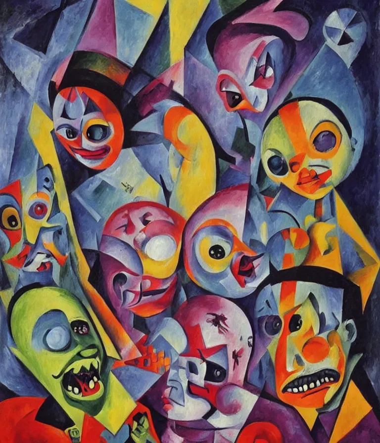 Prompt: Beautiful Horror Movie Poster made for the film Killer Klowns From Outer Space (1988), impasto cubist! oil painting by Pablo Picasso and Robert Delaunay, trending on artstation dramatic lighting Cubism 8k