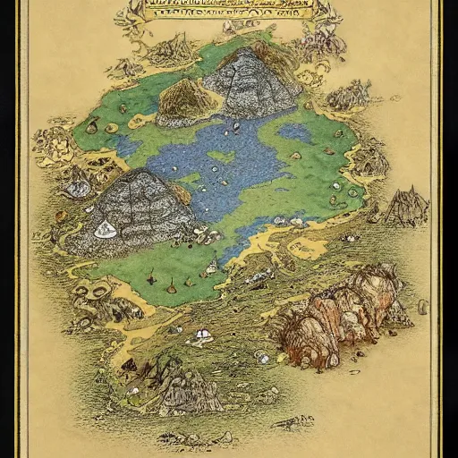 Image similar to an isometric fantasy map, the land of Odrua, uncluttered, bordered by ocean, continent with mountains lakes hills and cities, by brian froud by jrr tolkien