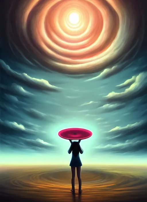 Image similar to a person standing in front of a large circular object, an album cover by cyril rolando, deviantart, magic realism, photoillustration, apocalypse art, matte drawing