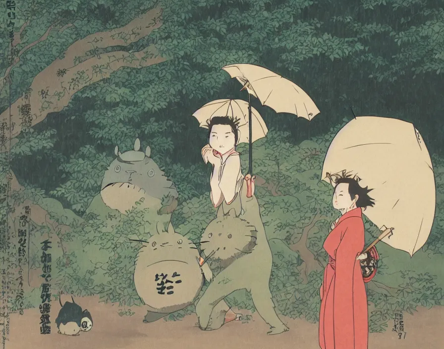 Image similar to A female Retzling with short blond air, standing with big Totoro at a japanese bus stop, holding an umbrella, in the dark forest, rainy night, Studio Ghibli, Hayao Miyazaki, Ukiyo-e, style Katsushika Hokusai,