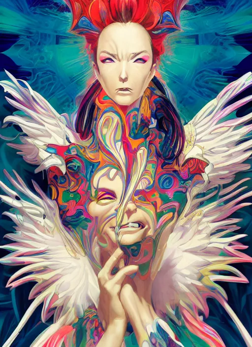 Image similar to portrait of a psychedelic angel, digital painting masterpiece, advanced lighting technology, stylized yet realistic anatomy and face, gorgeous, by reiq and bengus and akiman and shigenori soejima and bastien vives and balak and michael sanlaville and jamie hewlett, 4 k wallpaper, cinematic, gorgeous brush strokes, coherent and smooth