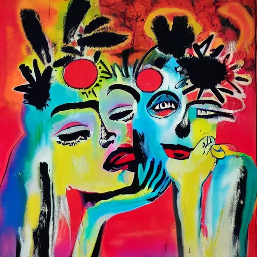 Image similar to acrylic painting of two bizarre psychedelic goth women kissing in japan in summer, speculative evolution, mixed media collage by basquiat and jackson pollock, maximalist magazine collage art, sapphic art, psychedelic illustration