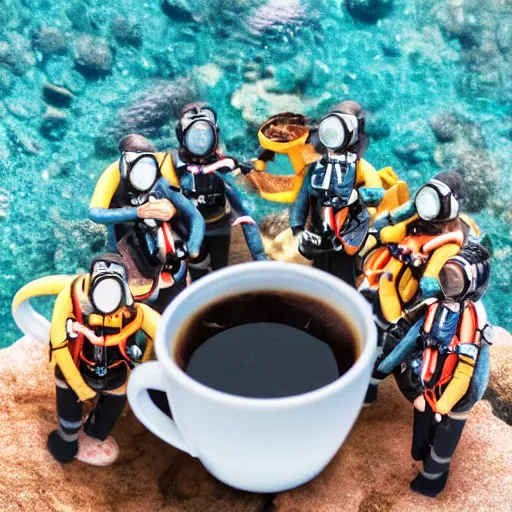 Image similar to tilt-shift photography of a group of scuba divers inside of a coffee mug, 8k, highly detailed, realistic