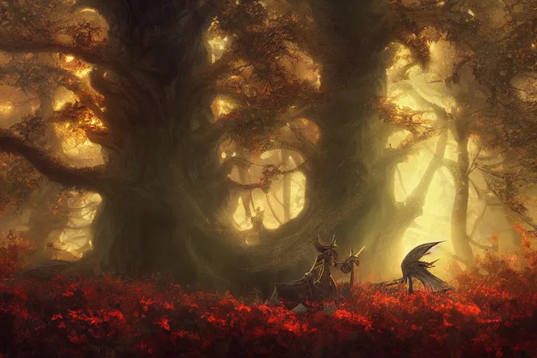 Image similar to sunset lighting ominous shadows, cinematic fantasy painting, dungeons and dragons, an ashigaru mouse looks over an autumn forest clearing of wildflowers glade jessica rossier and brian froud