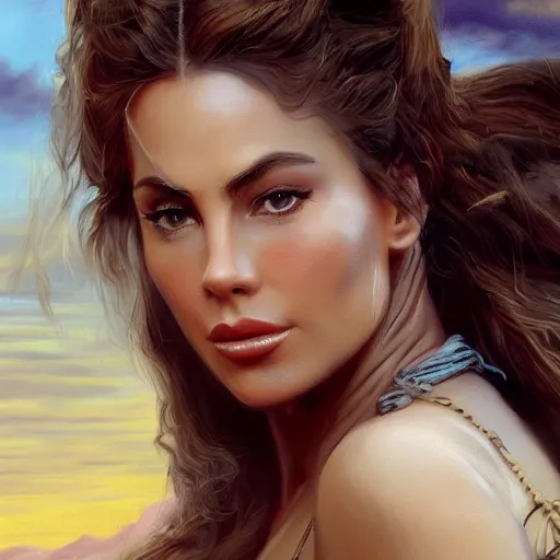 Image similar to a matte painting of sofia vergara wild west woman, oil painting, pale colors, high detail, 8 k, wide angle, trending on artstation,