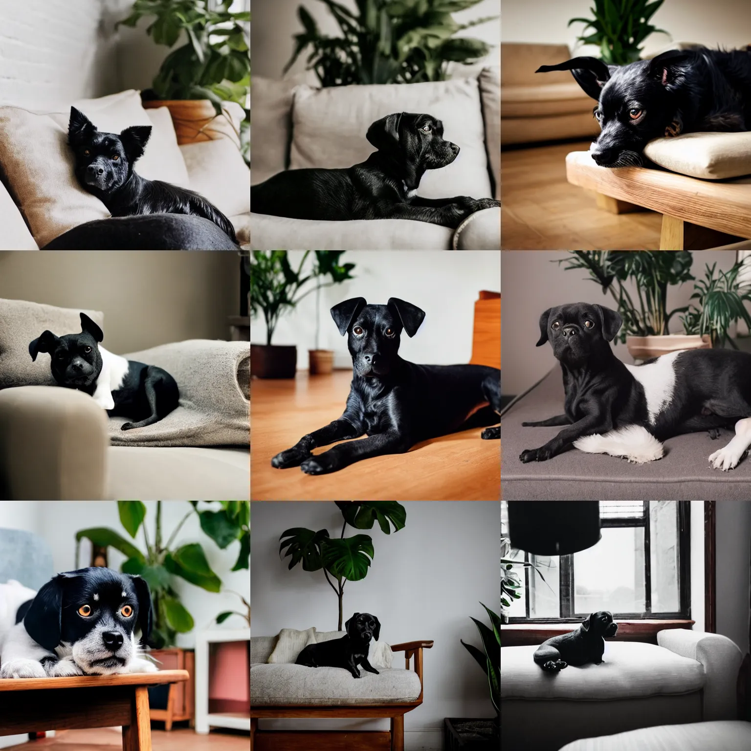 Prompt: a small black dog, white face, lying down on the sofa, house plants and wood furniture in the background, in the 1 9 5 0 ’ s, indoors, dim light, photograph, 4 k, shot on iphone, casual