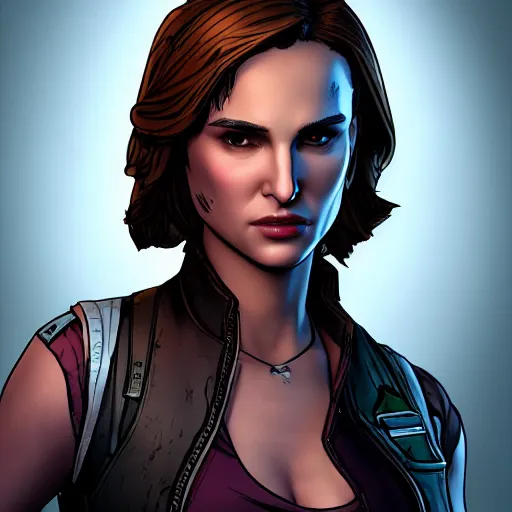 Image similar to natalie portman portrait, borderlands, tales from the borderlands, the wolf among us, comic, cinematic lighting, studio quality, 8 k