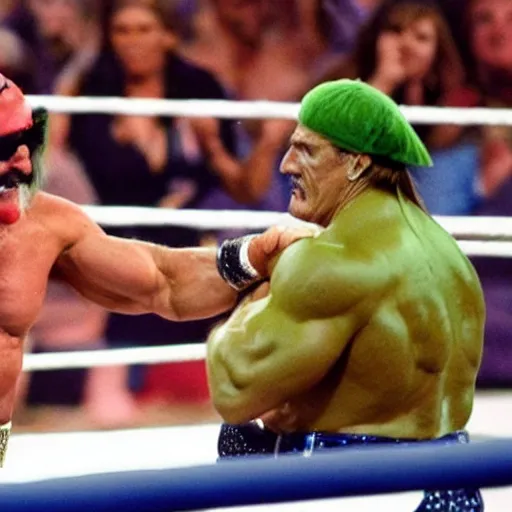 Image similar to hulk hogan wrestling a horse at wrestlemania