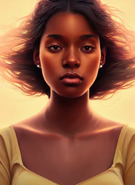 Prompt: handsome young black women with shoulder length brown hair, bikini, half body shot, path traced, highly detailed, high quality, digital painting, alena aenami, lilia alvarado, shinji aramaki, karol bak, alphonse mucha, tom bagshaw