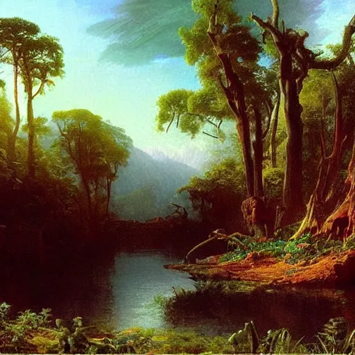 Image similar to painting of a lush natural scene on an alien planet by albert bierstadt. beautiful landscape. weird vegetation. cliffs and water.