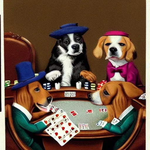 Prompt: Dogs playing poker wearing hats, vintage