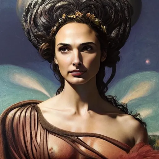 Prompt: Head and shoulders masterpiece portrait oil painting of the beautiful goddess Gal Gadot as Venus, she is wearing roman clothes and a surreal jewelry, her hair is natural disheveled, she is approaching heaven over the clouds, naturalism, dramatic lighting, high-detailed oil painting by Ilya Repin, Michelangelo da Caravaggio, William Blake, Alex Grey and Beksinski, trending on Artsation, hystorical painting, naturalism, masterpiece, 4k, 8k,