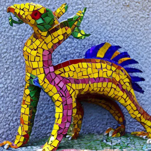 Prompt: mosaic sculpture of a alebrije chimera!!!, irregularly shaped mosaic tiles, in the style of folk art, in a cottagecore flower garden