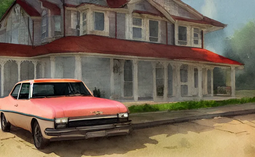 Image similar to a watercolor painting of a chevrolet opala parked near a 1 9 0 0 s house, digital painting, masterpiece, hyperrealistic, concept art, trending on deviantart, highly detailed, high quality, 4 k, symmetrical, low contrast, watercolor, warm, soft lighting, path traced, godrays, vintage, soft colors