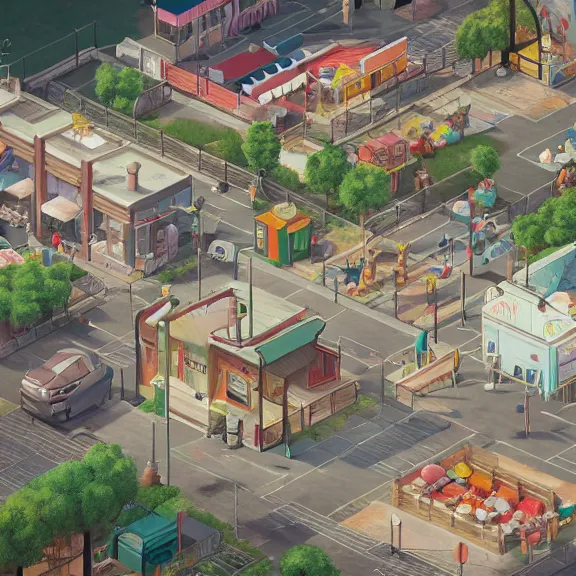 Image similar to isometric view of the busytown bakery, soft warm lighting, by greg rutkowski and studio ghibli, 8 k, photorealistic, in the style of disco elysium screenshot, extreme detail, octane render