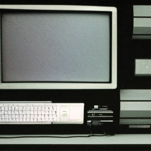 Image similar to slightly blurry and grainy photographic proof of an 8 0 s 8 bit home computer joystick, tape / disk drive and tv monitor that never was released to the public.