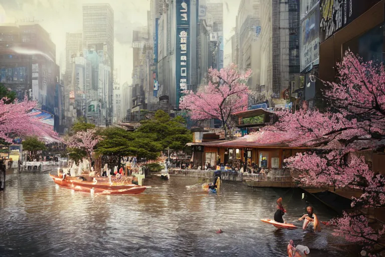 Image similar to floating markets of times square river in kyoto kamo river during sakura season on thermal waters flowing down white travertine terraces during interstellar aurora borealis, gold waterfalls, vendors, festivals, fun, by peter mohrbacher, james jean, james gilleard, greg rutkowski, vincent di fate, rule of thirds, octane render, beautiful landscape