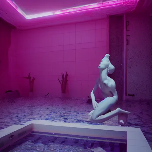 Prompt: a broken statue in a surreal underground white tiled swimming pool surrounded by neon lights and palm trees in vapor wave style, 3D octane render, hyperrealistic, dramatic lighting, unreal engine, houdini, 8k, 4k, raytracing