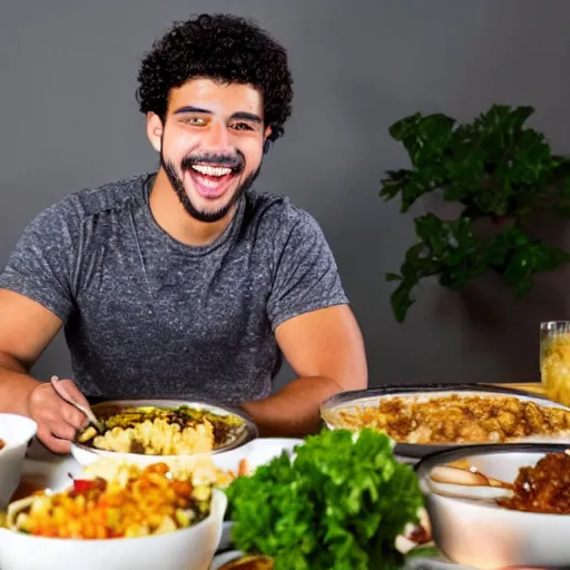 Image similar to short curly haired mixed hispanic 2 0 year old with a huge underbite is excited to feast on chicken, pork, beef, mac and cheese on the table in front of him