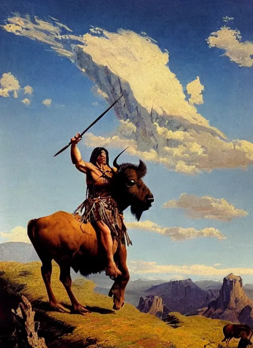 Image similar to willem dafoe as a native american riding bison, buffalo, native american warrior, mountain range, beautiful sky, standing on the edge of a cliff, 1 9 th century, painted by frazetta