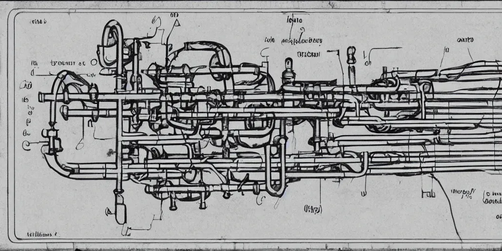 Image similar to mechanical diagram of an electronic trumpet made of silver, bone, pvc and miscellany