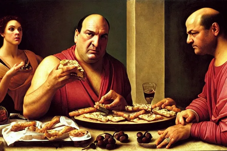 Image similar to tony soprano as a greek god eating gabagool, renaissance portrait