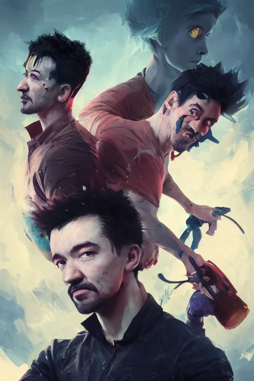 Prompt: a portrait of jacksepticeye Vs Markiplier by Greg Rutkowski, Sung Choi, Mitchell Mohrhauser, Maciej Kuciara, Johnson Ting, Maxim Verehin, Peter Konig, final fantasy , 8k photorealistic, cinematic lighting, HD, high details, atmospheric , trending on artstation