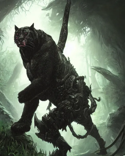 Image similar to Panther warrior in armor sneaking in jungle, portrait, dark fur, glowing eyes, magic the gathering artwork, D&D, fantasy, cinematic lighting, centered, symmetrical, highly detailed, digital painting, artstation, concept art, smooth, sharp focus, illustration, volumetric lighting, epic Composition, 8k, art by Akihiko Yoshida and Greg Rutkowski and Craig Mullins, oil painting, cgsociety