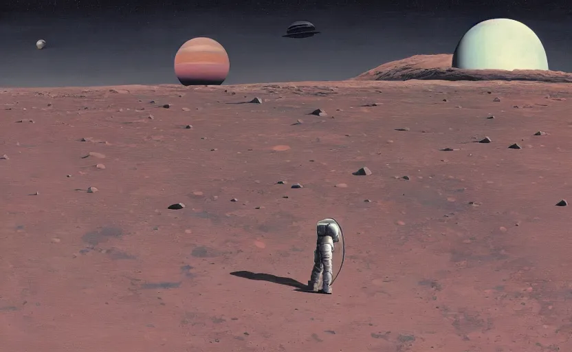 Prompt: Shot from moon surface with Saturn rising on the horizon, very coherent, painted by Edward Hopper, Wayne Barlowe, painted by James Gilleard, airbrush, art by JamesJean