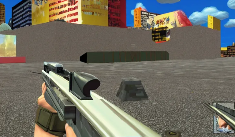 Image similar to A first-person shooter by Tadanori Yokoo, PS2 game, 3DCG