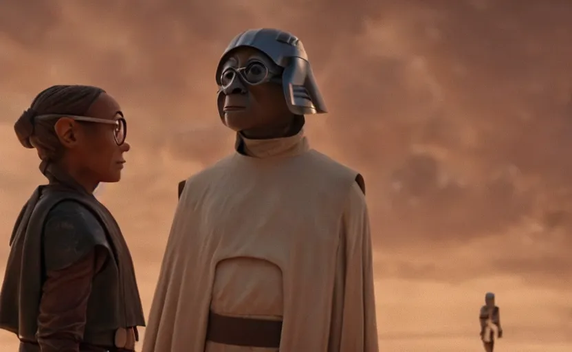 Prompt: cinematic still image screenshot portrait of luke skywalker talking to maz kanata diplomatic, dramatic scene from force awakens crisp 4 k 7 0 mm imax, moody iconic scene, directed by jj abrams, beautiful backlit, planet