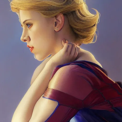 Image similar to Young Scarlett Johansson, highly detailed, digital painting, artstation, concept art, smooth, sharp focus, illustration, ArtStation, art by artgerm and greg rutkowski and alphonse mucha and J. C. Leyendecker and Edmund Blair Leighton and Katsuhiro Otomo and Geof Darrow and Phil hale and Ashley wood and Ilya repin and Charlie Bowater