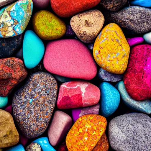 Prompt: colorful rocks, overhead photography