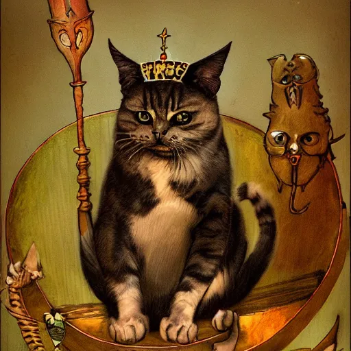 Image similar to a demon cat with a pitchfork in his paws and a crown looks at paradise, where cats circle round dances