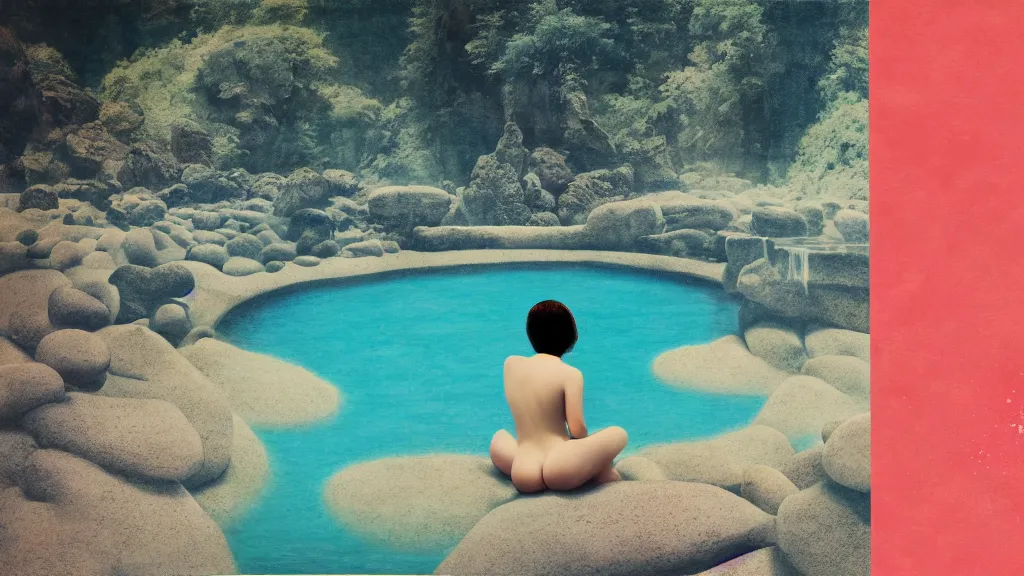 Prompt: a bather at a natural hot spring in a nook of river stones, in an epic valley, japan, a collage painting, in the style of wes anderson, lola dupre, david hockney, isolated on negative white space background dark monochrome neon spraypaint accents volumetric octane render